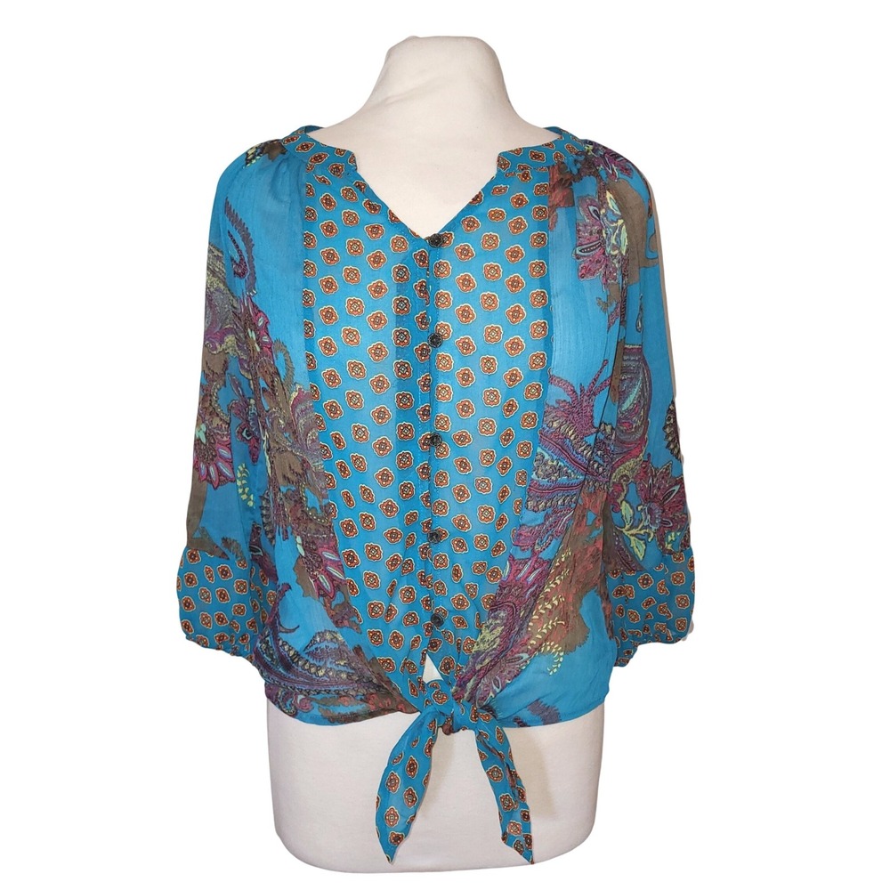 Fig & Flower Sheer Turquoise Paisley Floral Boho Eclectic Tie Front Blouse S